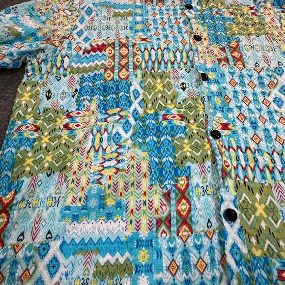 Vatpove Shirt Womens Medium Green Blue Aztec Madras Coastal Country Vacation - Picture 2 of 9